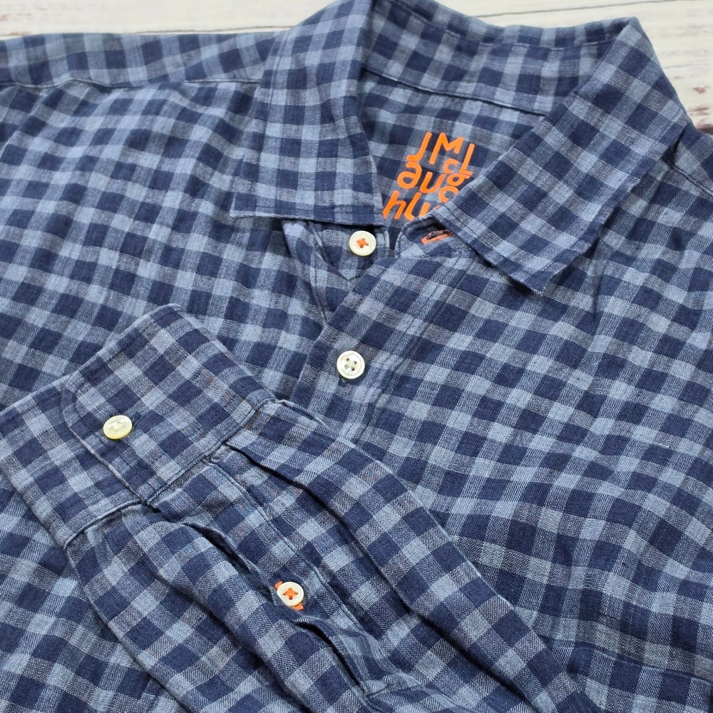 J.McLaughlin Button Down Shirt Mens Small Blue Gingham Linen Long Sleeve EUC